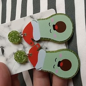 Acrylic Avocado Christmas Earrings 1 x 2.5 inches Green, Red & Green Glitter